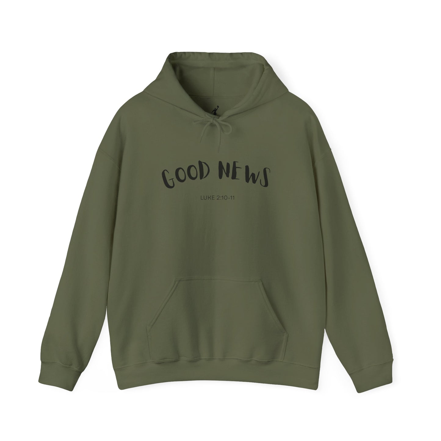 Green hoodie with 'GOOD NEWS' text on a white background