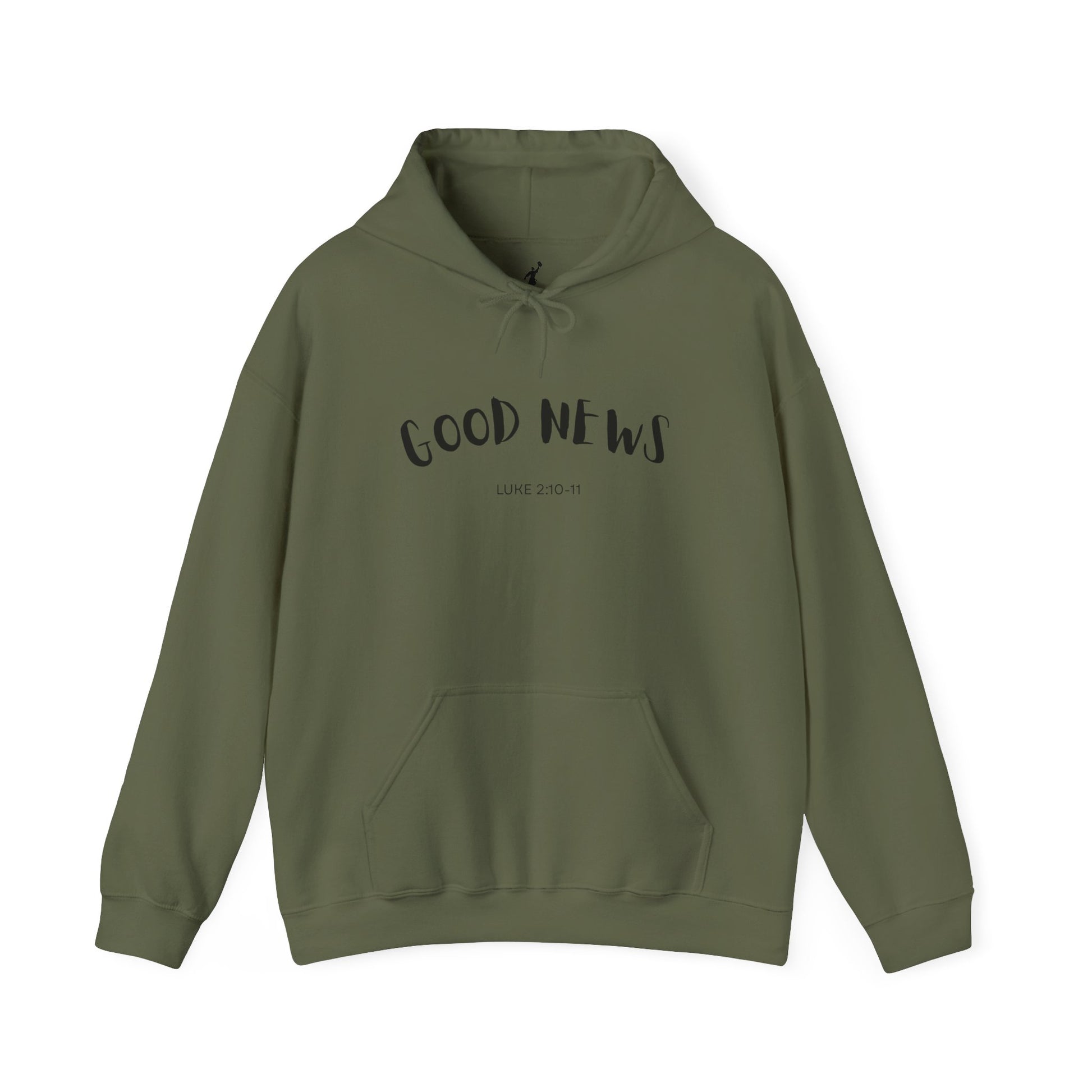 Green hoodie with 'GOOD NEWS' text on a white background