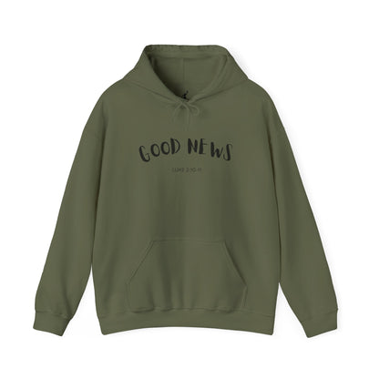 Green hoodie with 'GOOD NEWS' text on a white background