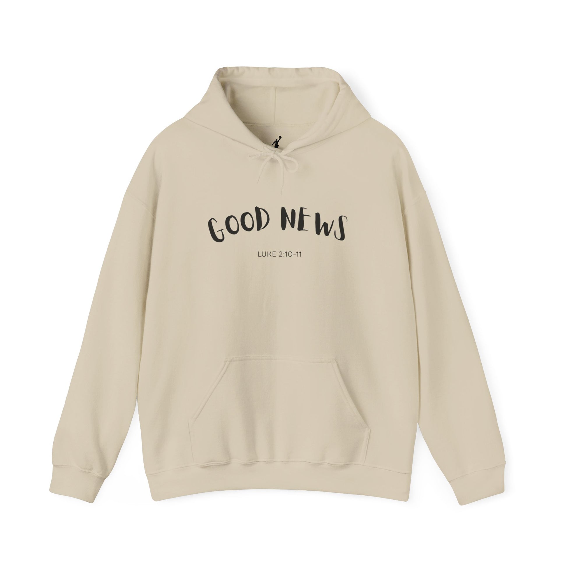 Beige hoodie with 'GOOD NEWS' text on a white background