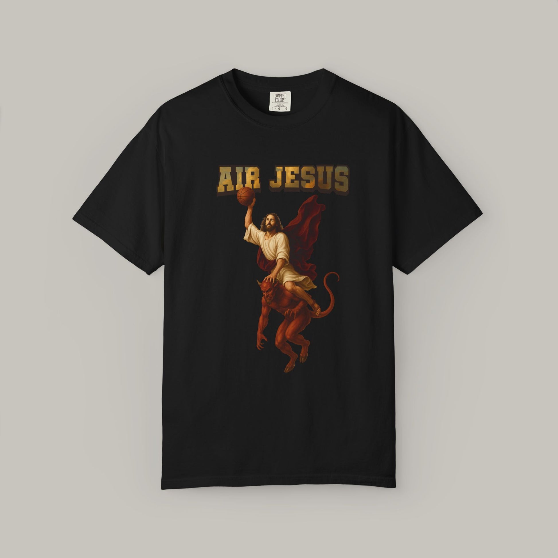 Black t-shirt with 'Air Jesus' graphic design on a gray background