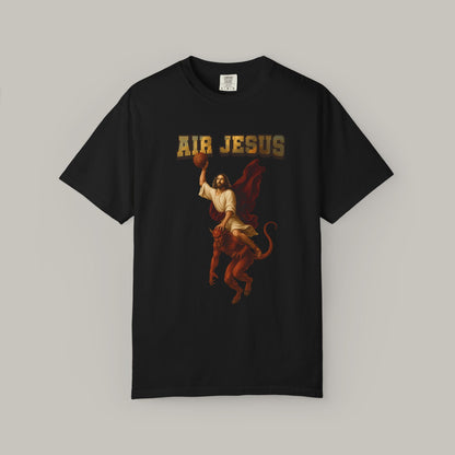 Black t-shirt with 'Air Jesus' graphic design on a gray background