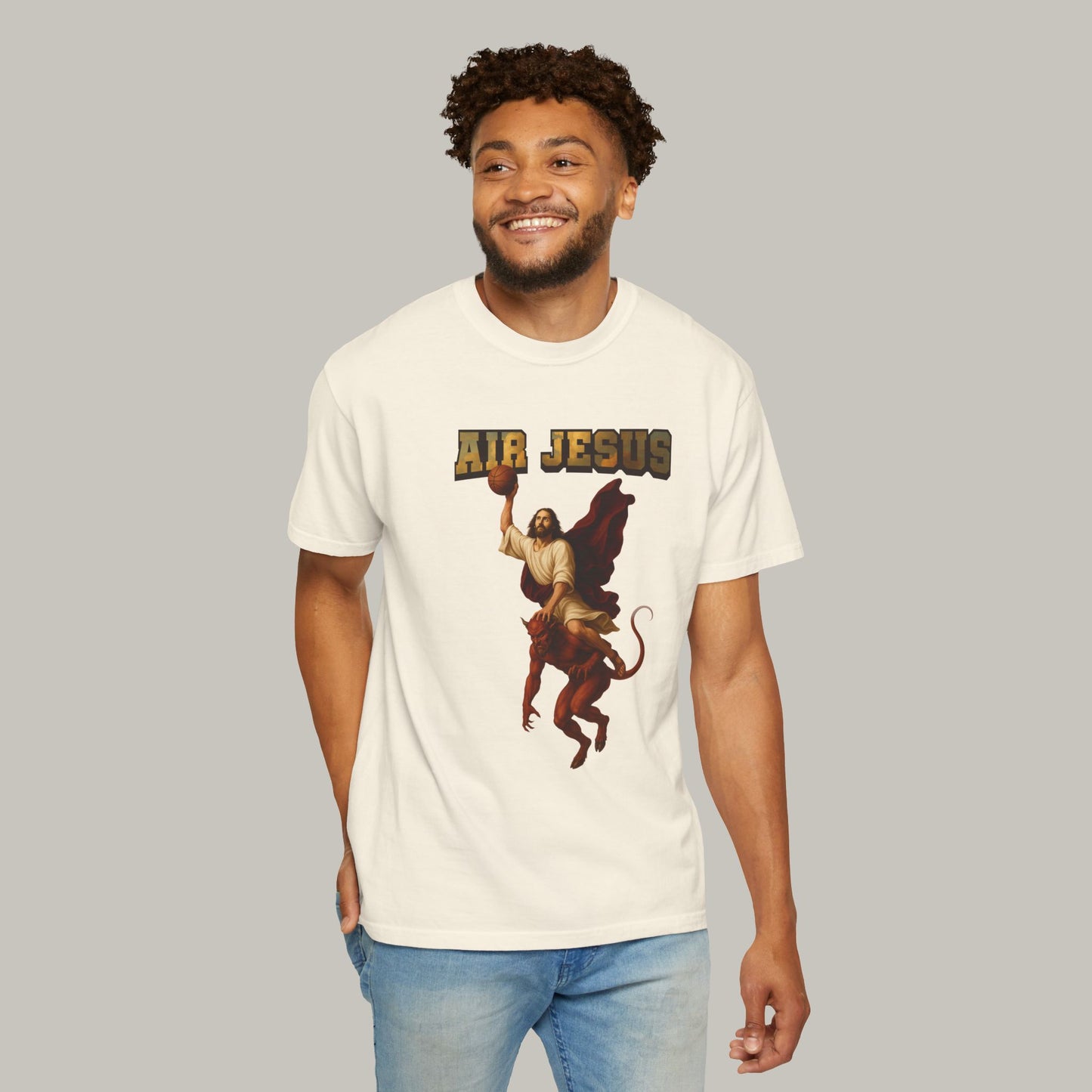 Man wearing a white t-shirt with 'Air Jesus' graphic design on a plain background