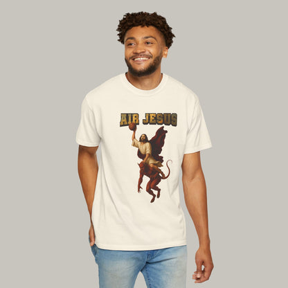 Man wearing a white t-shirt with 'Air Jesus' graphic design on a plain background