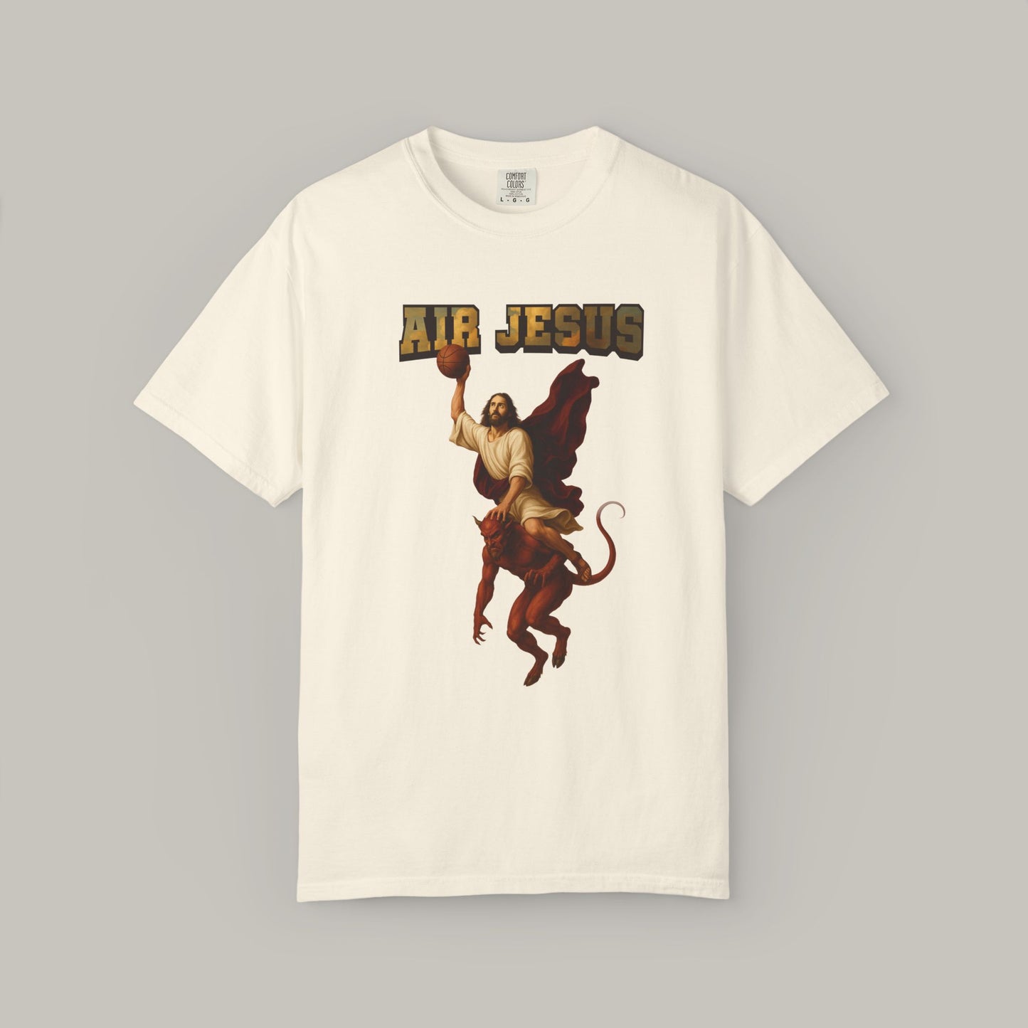 White t-shirt with 'Air Jesus' graphic design on a gray background