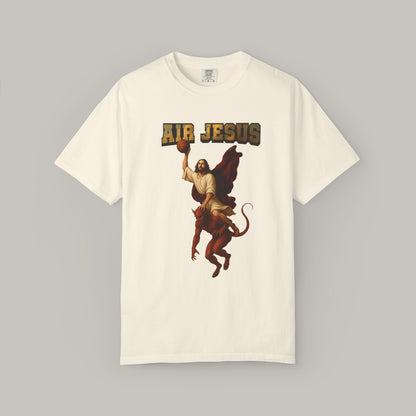White t-shirt with 'Air Jesus' graphic design on a gray background