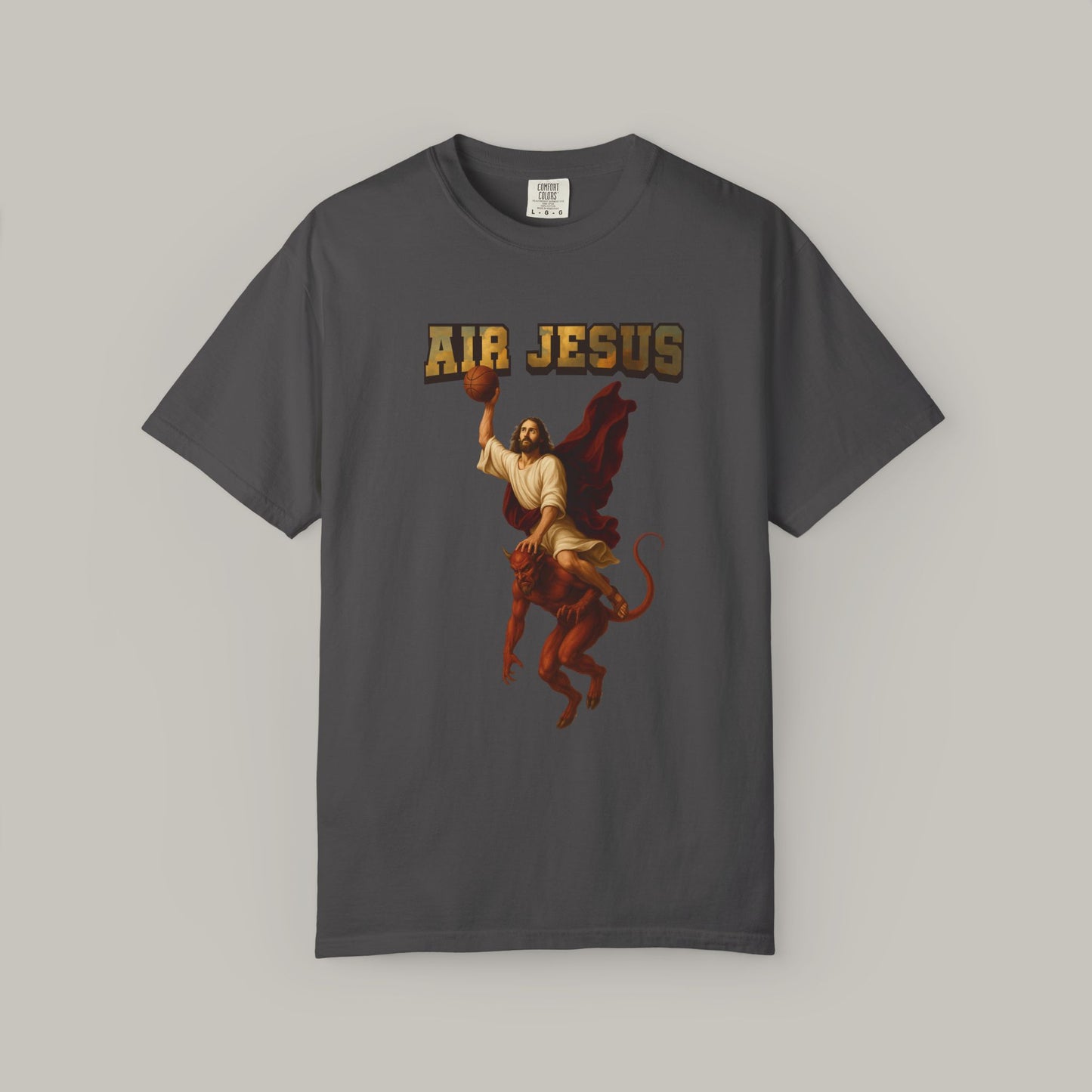Gray t-shirt with 'Air Jesus' graphic design on a gray background