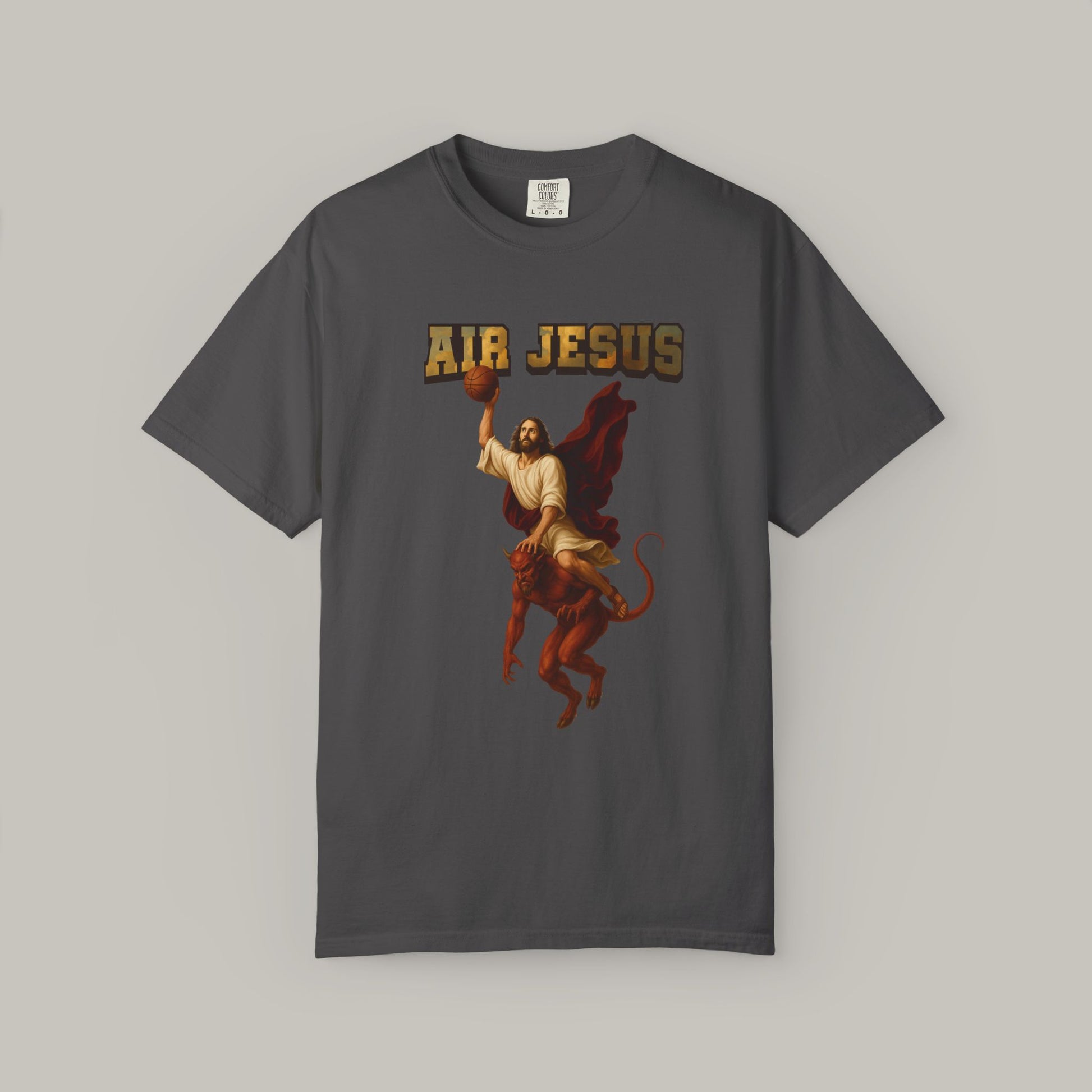 Gray t-shirt with 'Air Jesus' graphic design on a gray background