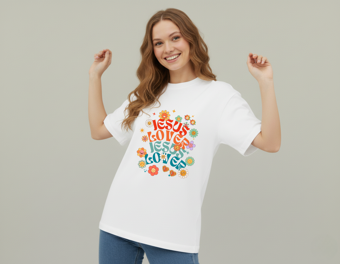 Woman wearing a white t-shirt with colorful text design on a plain background