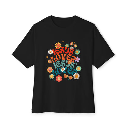 Black t-shirt with colorful 'Jesus Loves Jesus' graphic on a white background