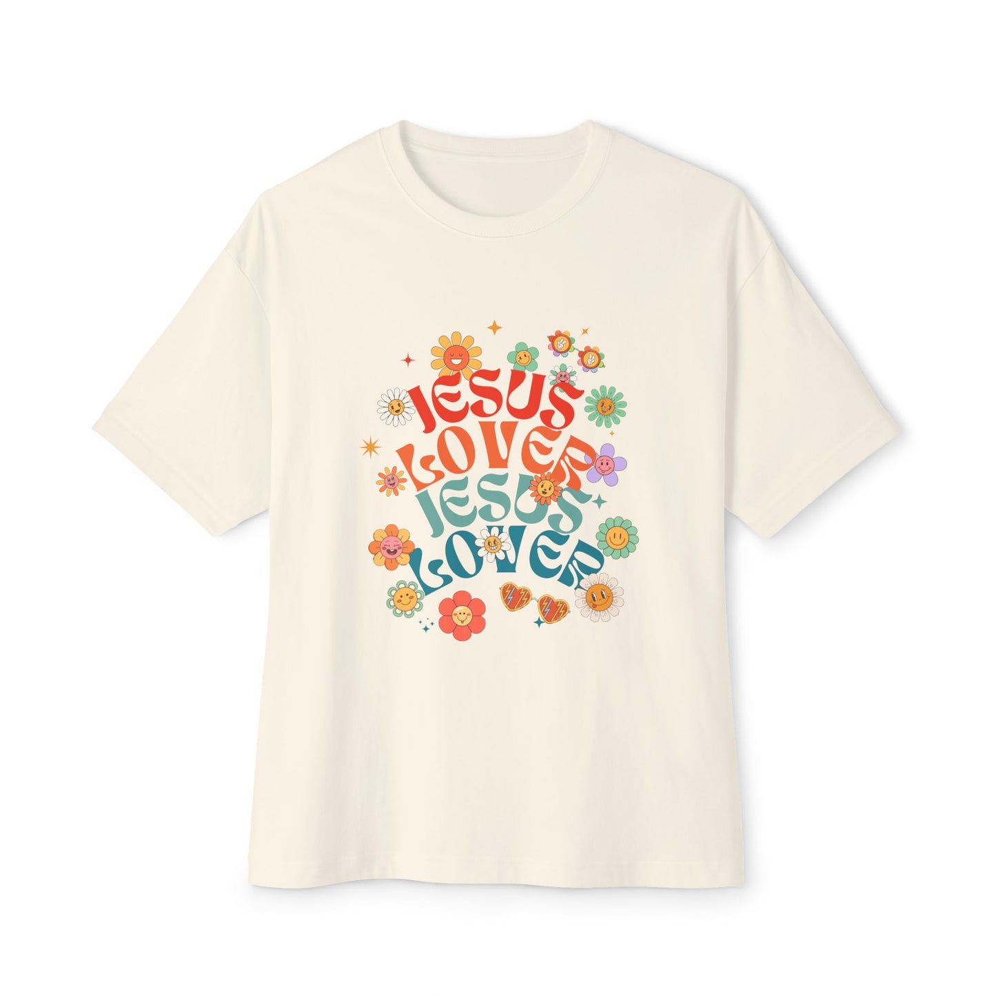 Beige t-shirt with colorful 'Jesus Loves' text design on a white background