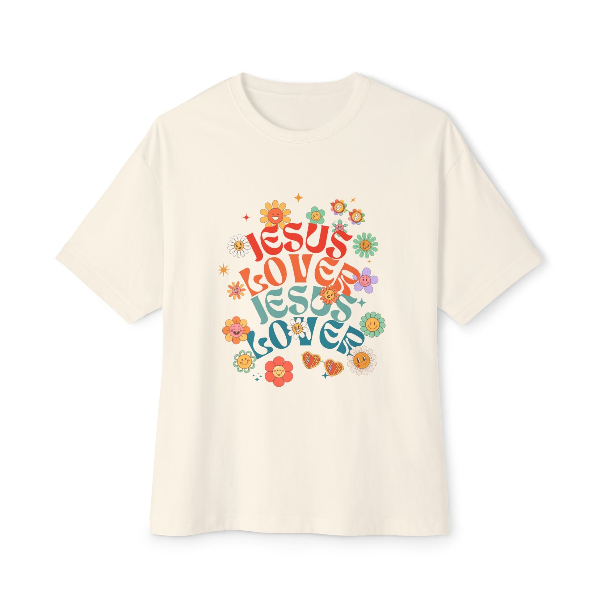 Beige t-shirt with colorful 'Jesus Loves' text design on a white background