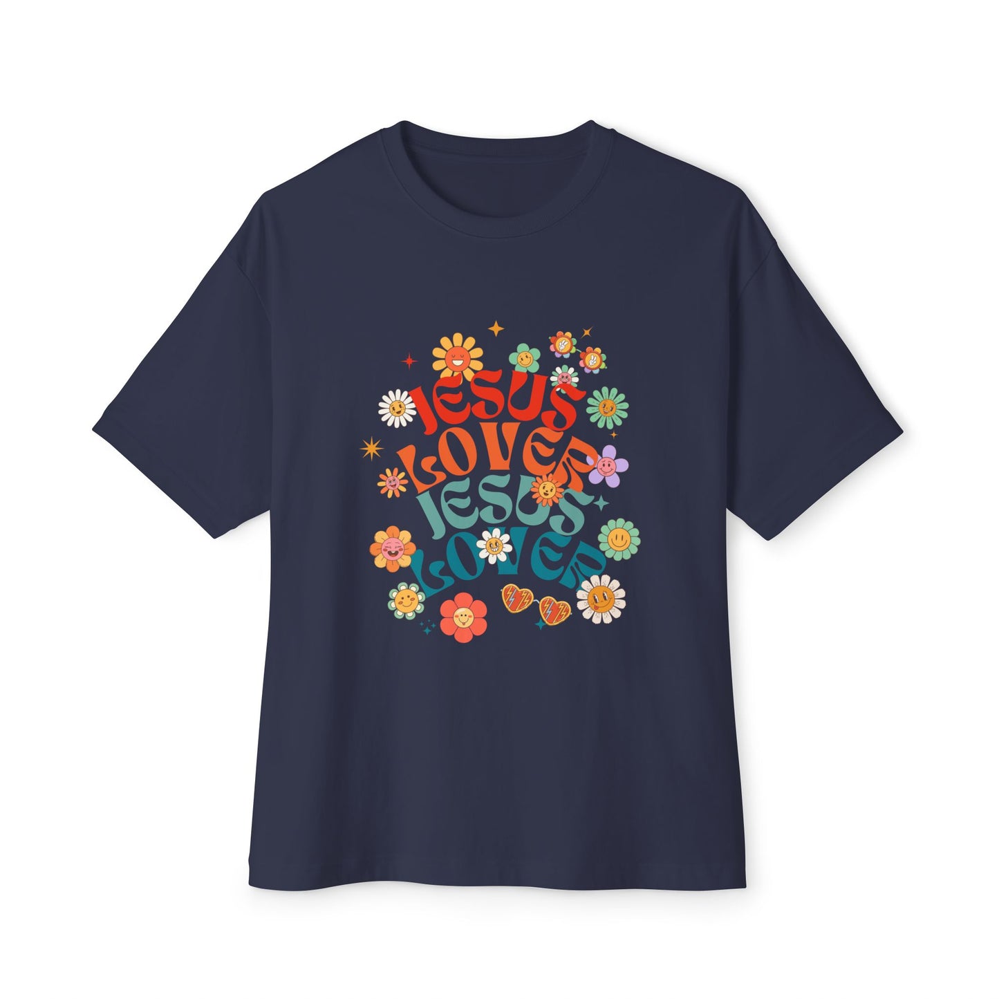 Navy blue t-shirt with colorful 'Jesus Loves Jesus' design on a white background