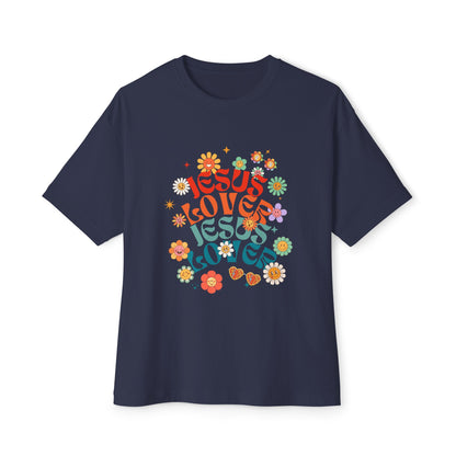 Navy blue t-shirt with colorful 'Jesus Loves Jesus' design on a white background