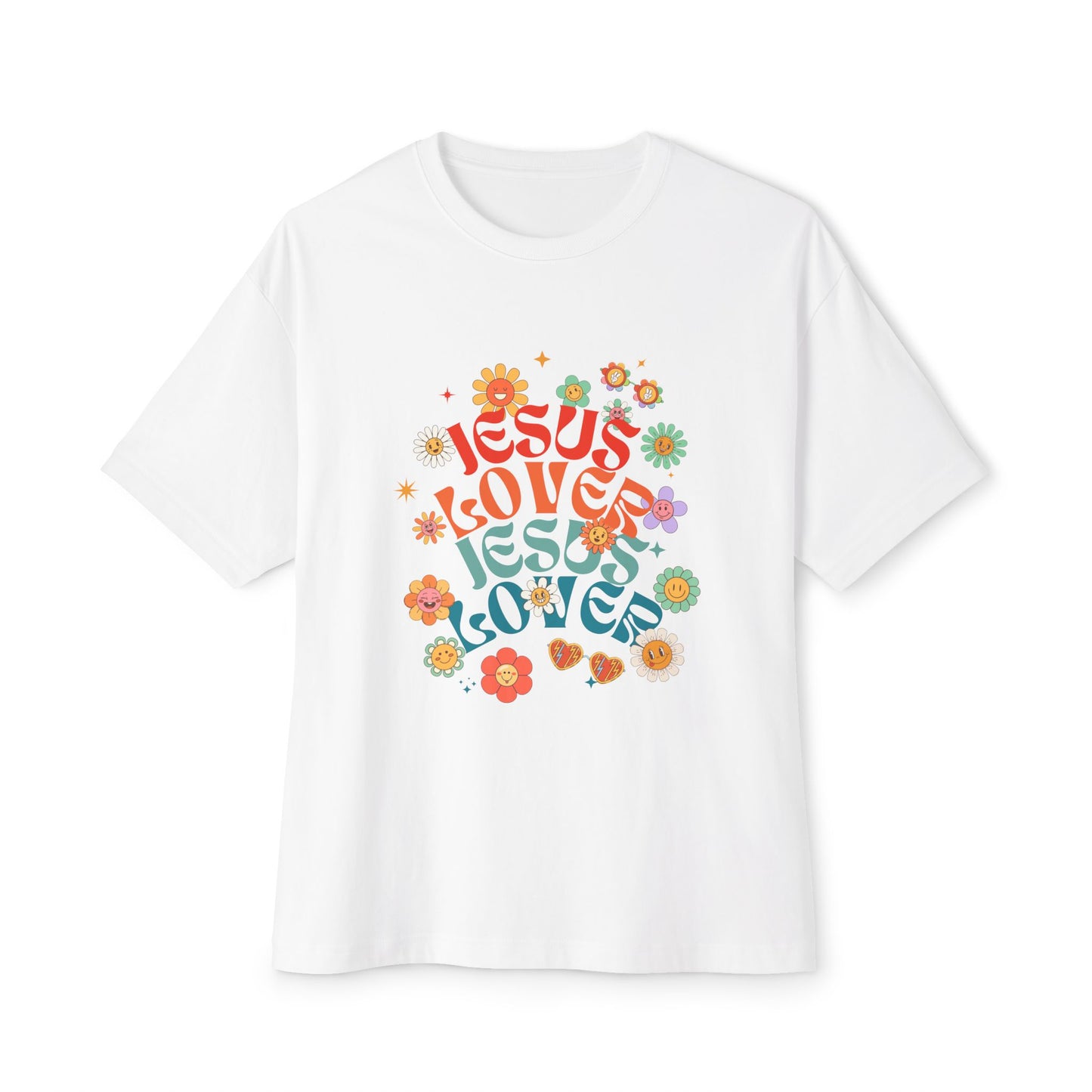 White t-shirt with colorful 'Jesus Loves' text and floral designs on a white background
