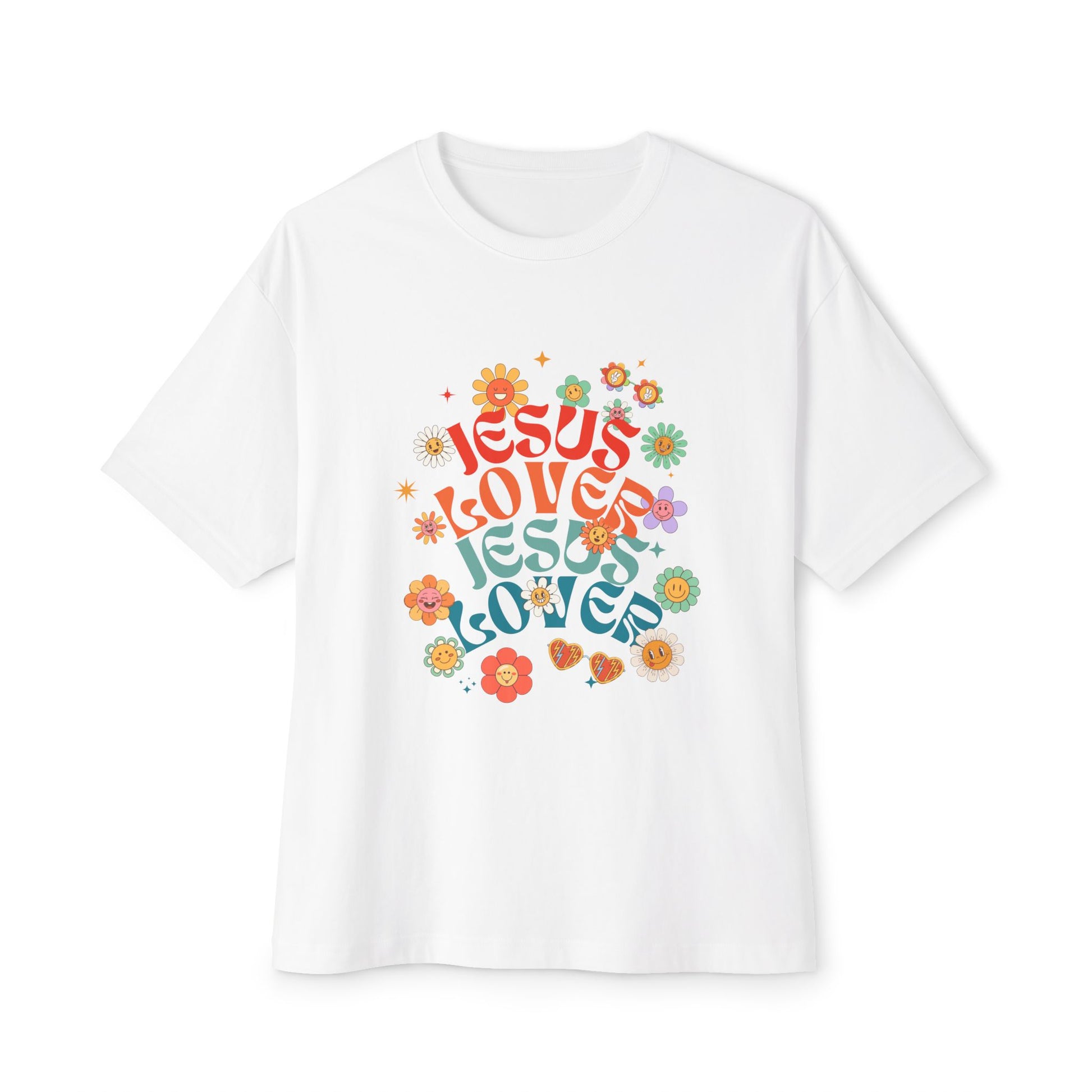 White t-shirt with colorful 'Jesus Loves' text and floral designs on a white background