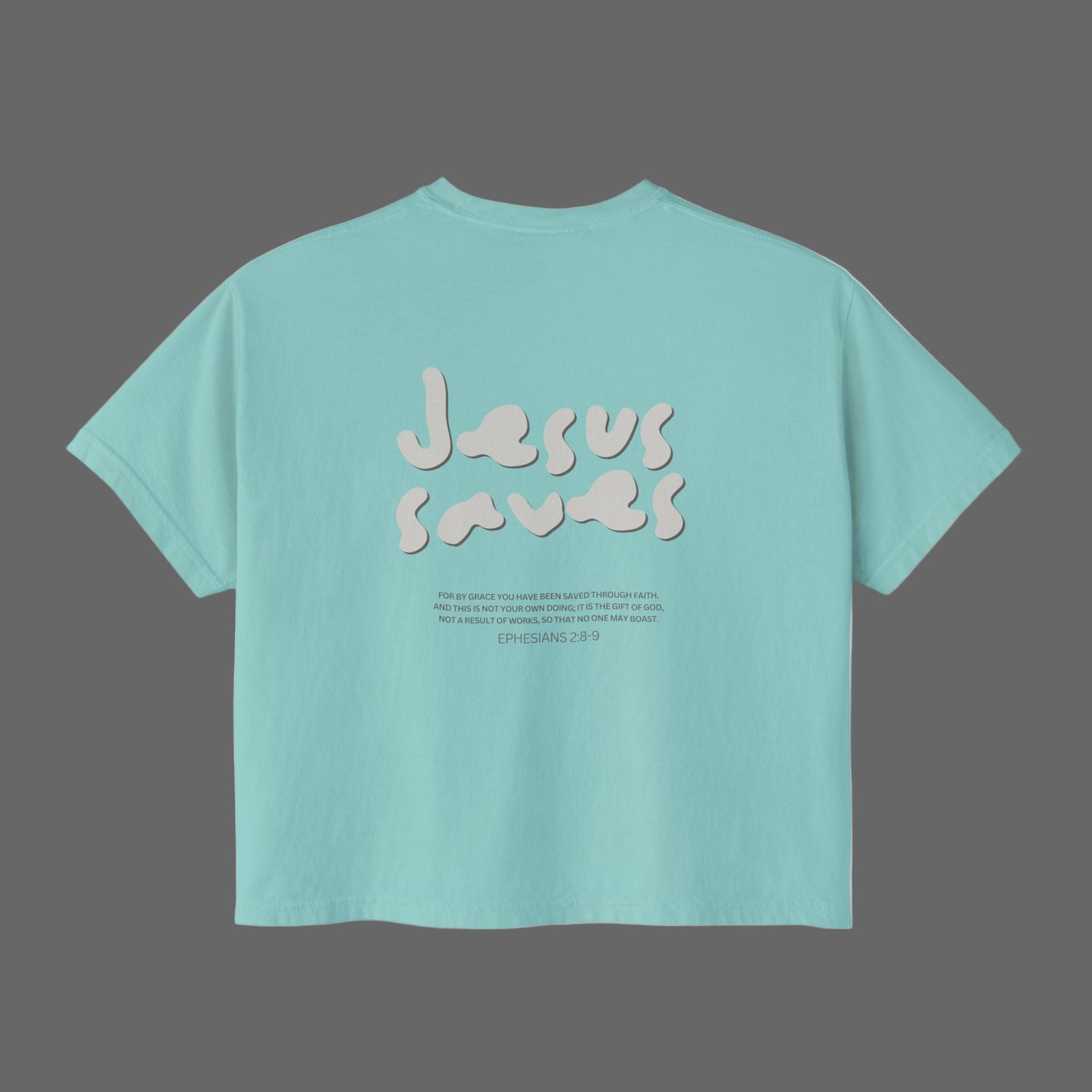 Light blue t-shirt with 'Jesus saves!' text on a white background