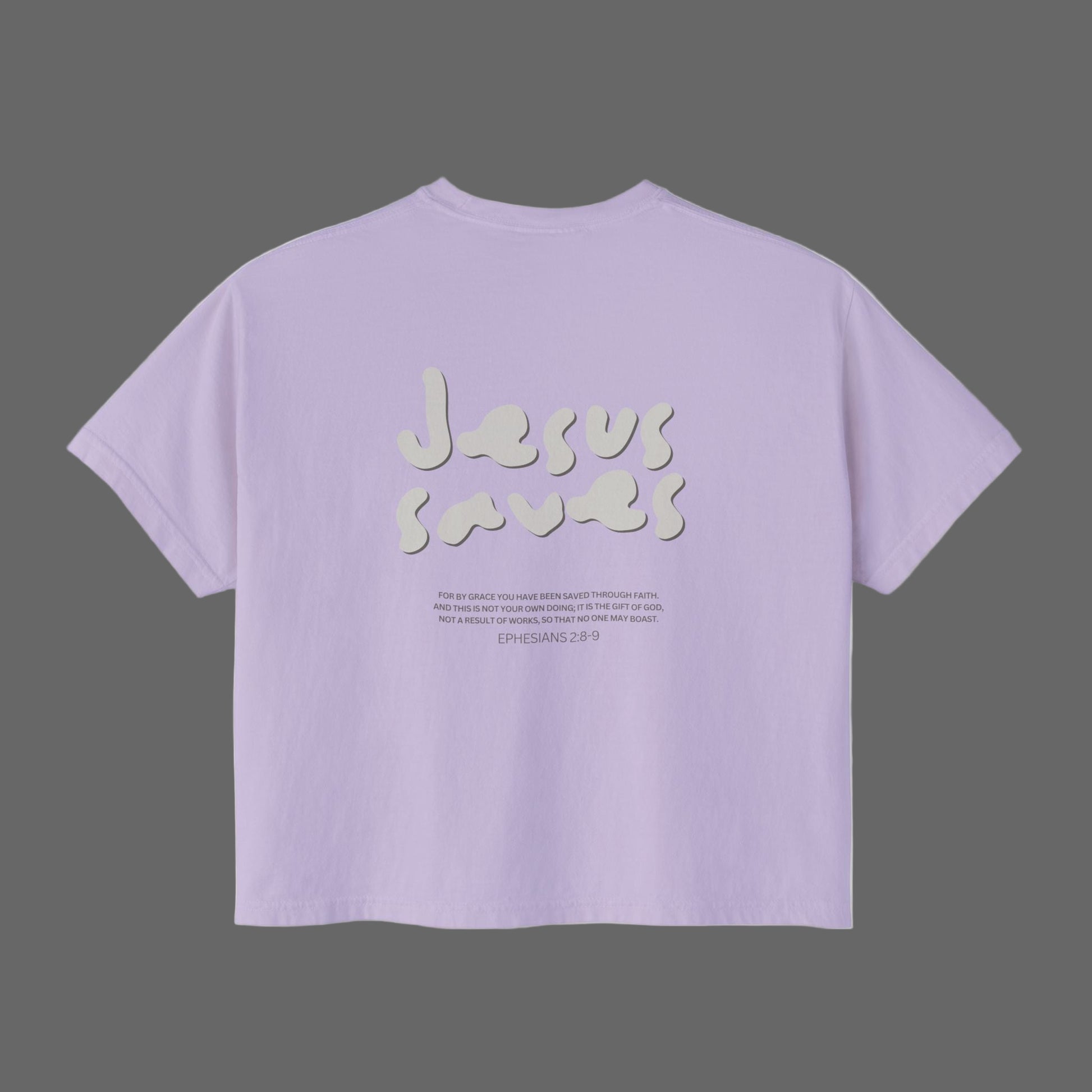 Lavender t-shirt with 'Jesus saved' text on a white background