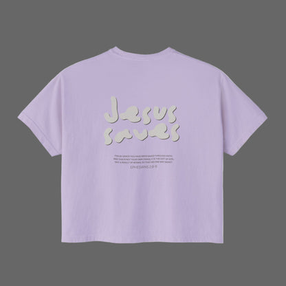 Lavender t-shirt with 'Jesus saved' text on a white background
