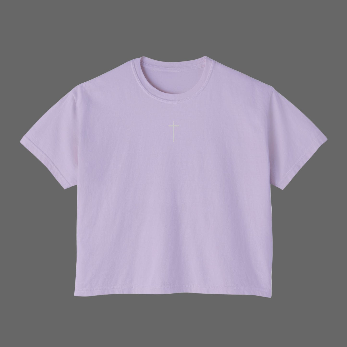 Lavender t-shirt with a small white logo on a white background