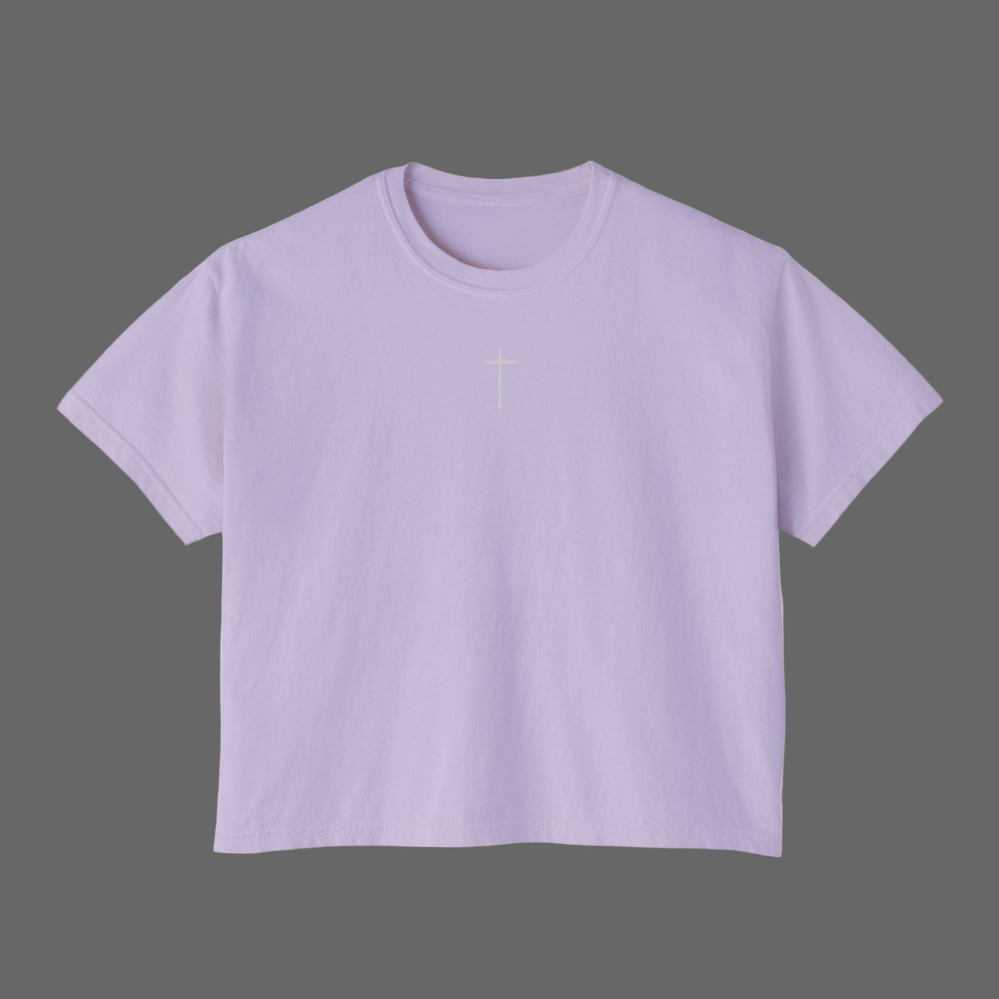 Lavender t-shirt with a small white logo on a white background