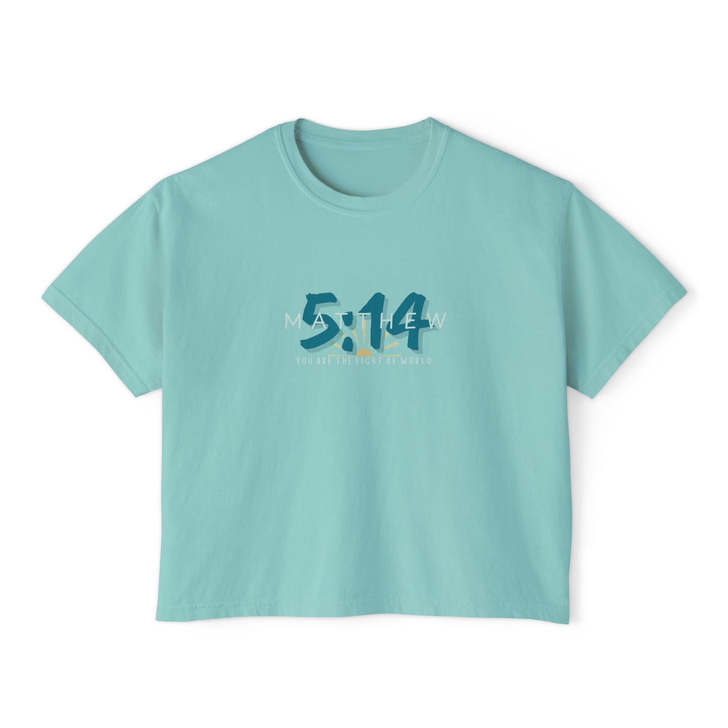 Light blue t-shirt with '5:14' print on a white background