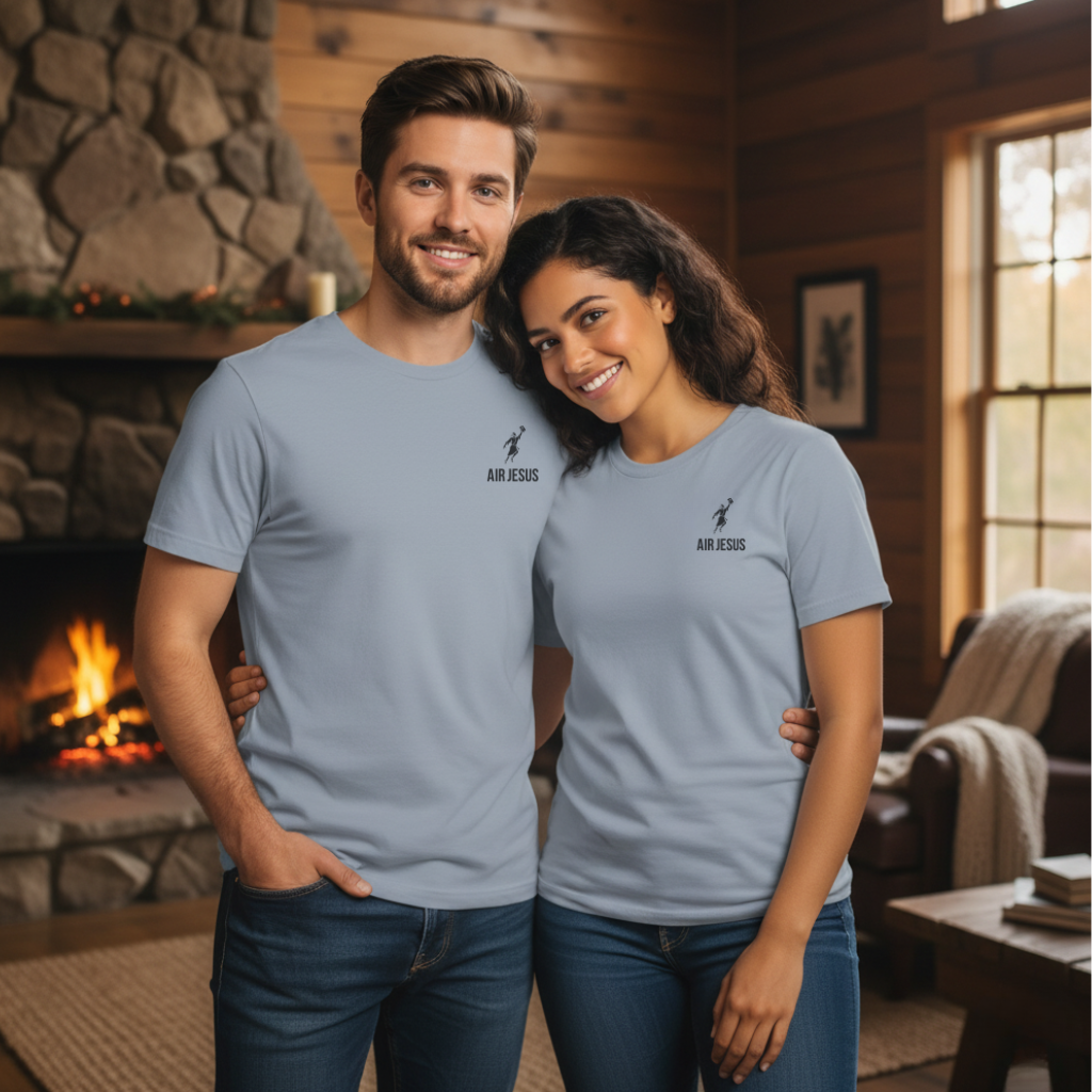 Man and woman wearing matching light blue t-shirts in a cozy room with a fireplace.