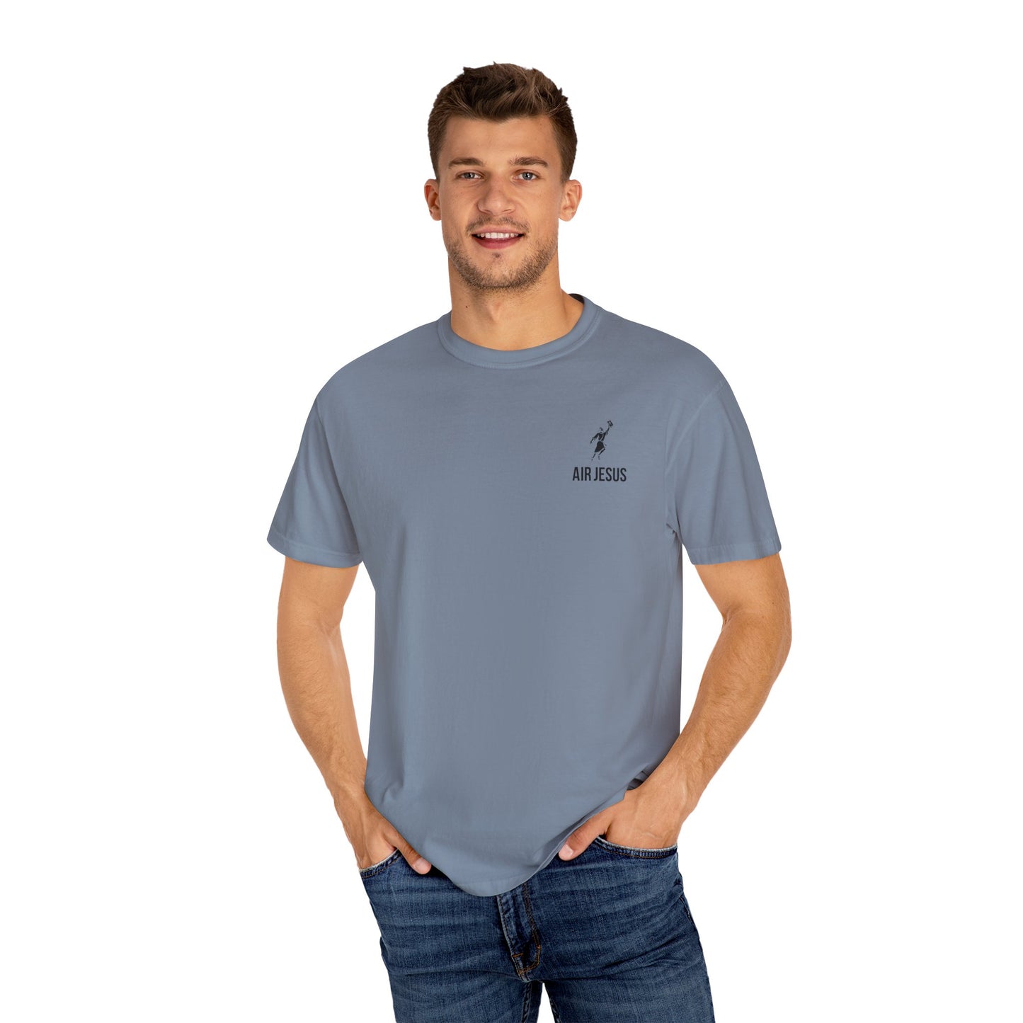 Man wearing a gray t-shirt with a logo on a white background