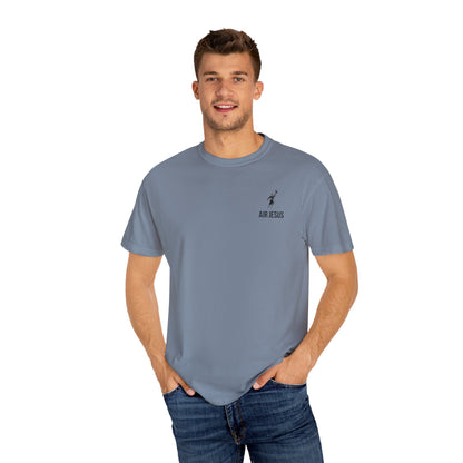 Man wearing a gray t-shirt with a logo on a white background
