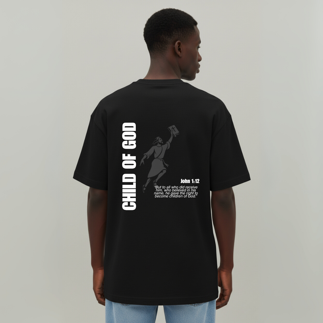 Black t-shirt with 'Child of God' design on the back, worn by a person against a plain background