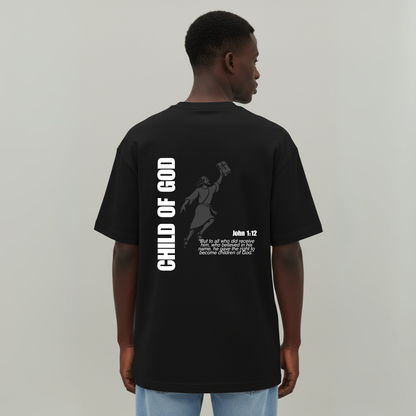 Black t-shirt with 'Child of God' design on the back, worn by a person against a plain background