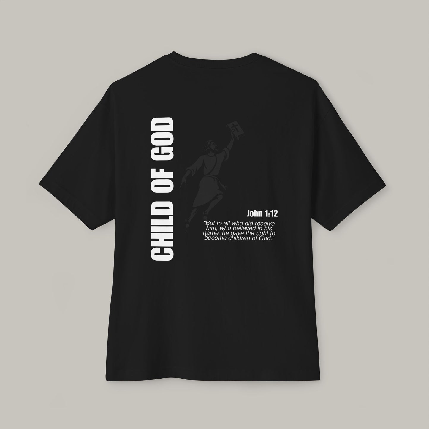 Black t-shirt with 'Child of God' text on a gray background