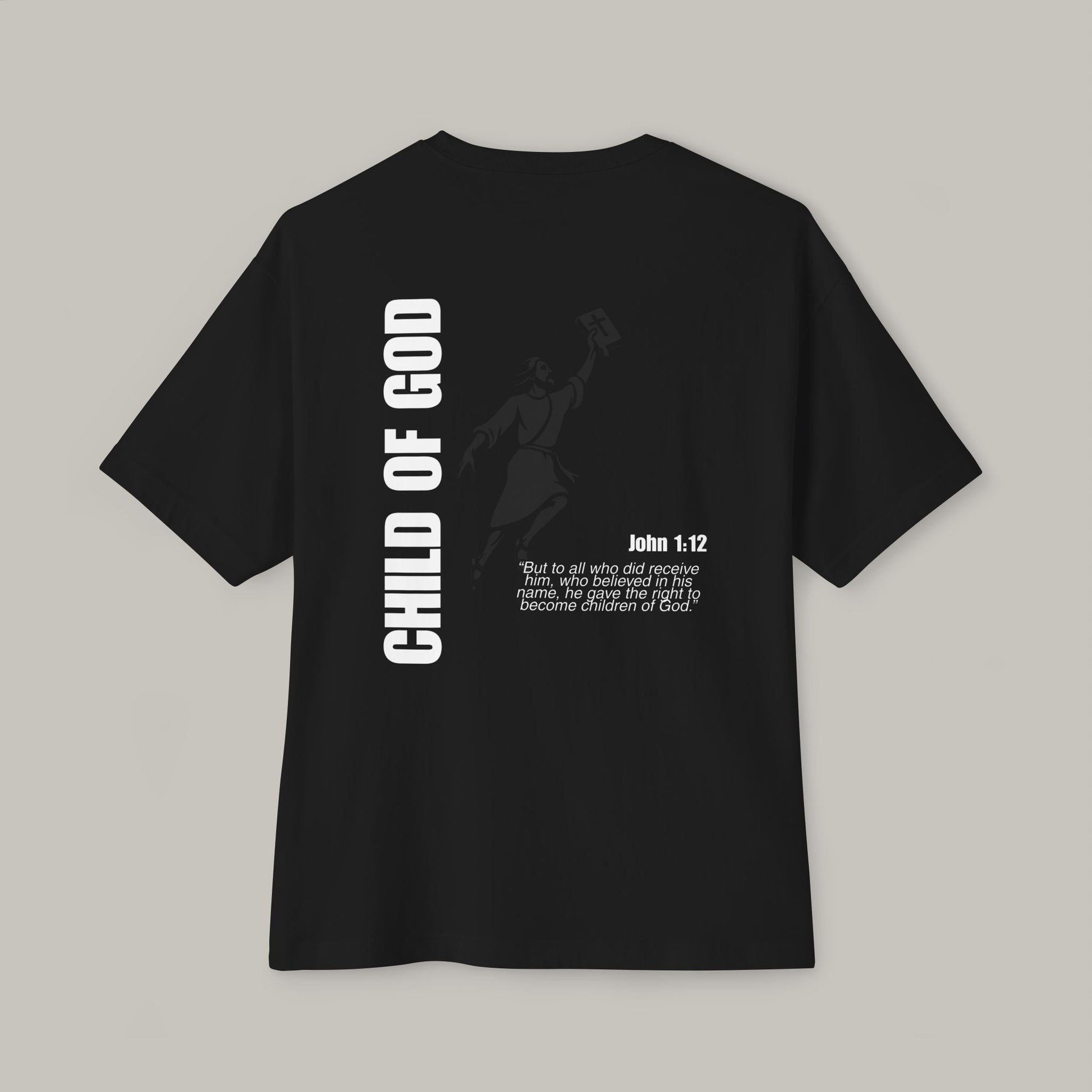 Black t-shirt with 'Child of God' text on a gray background