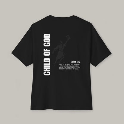 Black t-shirt with 'Child of God' text on a gray background