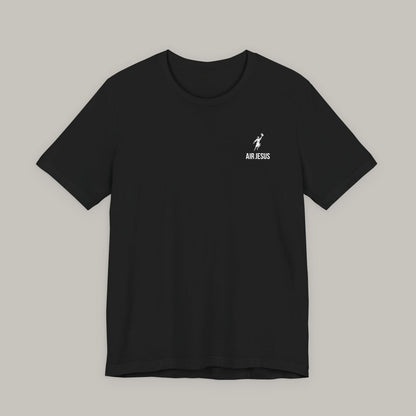 Black t-shirt with 'AIR JESUS' logo on a gray background