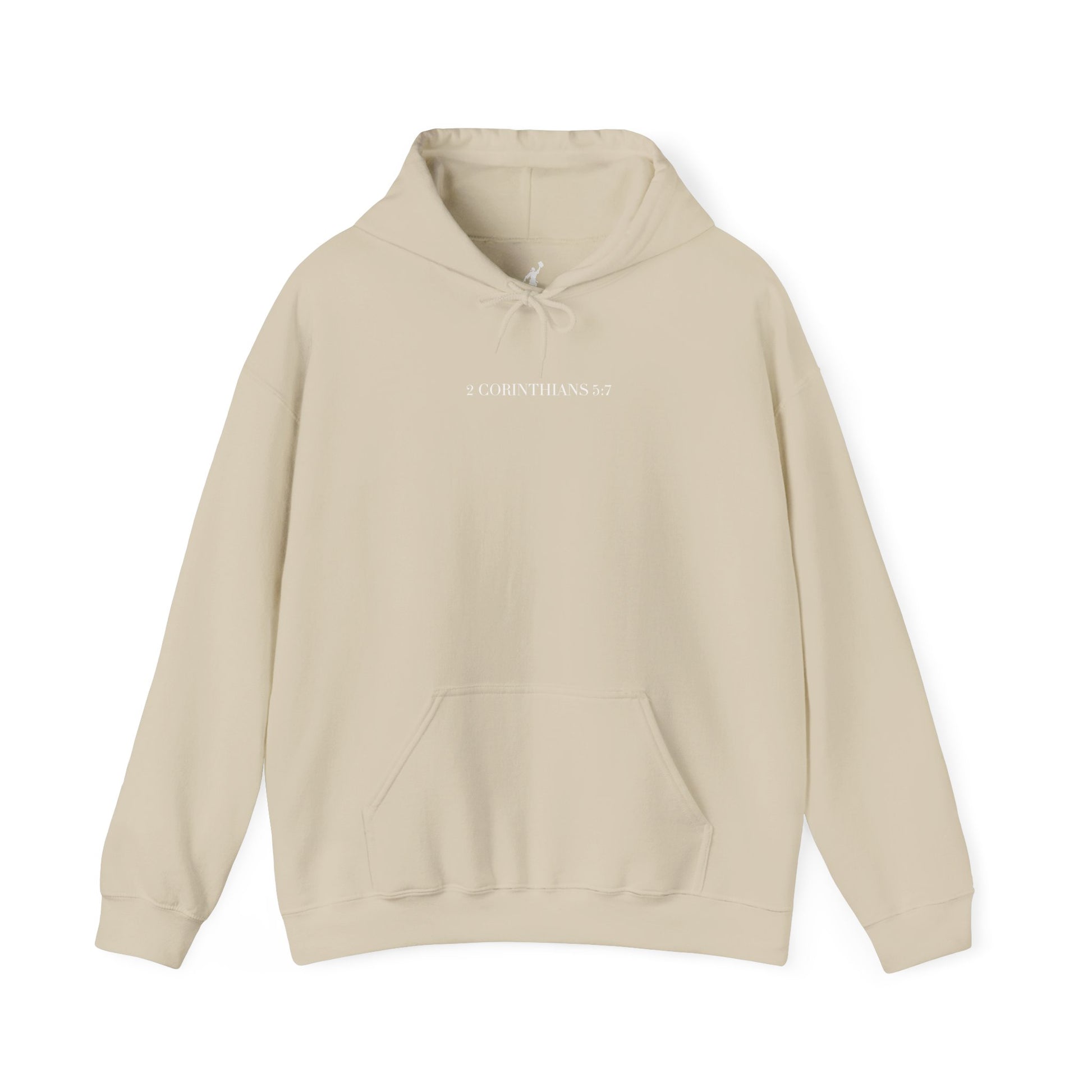 Beige hoodie with a brand logo on a white background