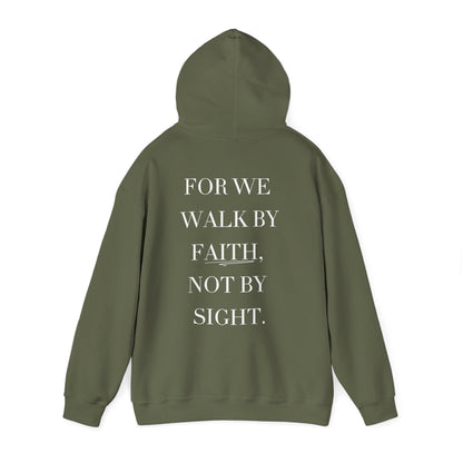 Green hoodie with text 'FOR WE WALK BY FAITH, NOT BY SIGHT.' on the back against a white background