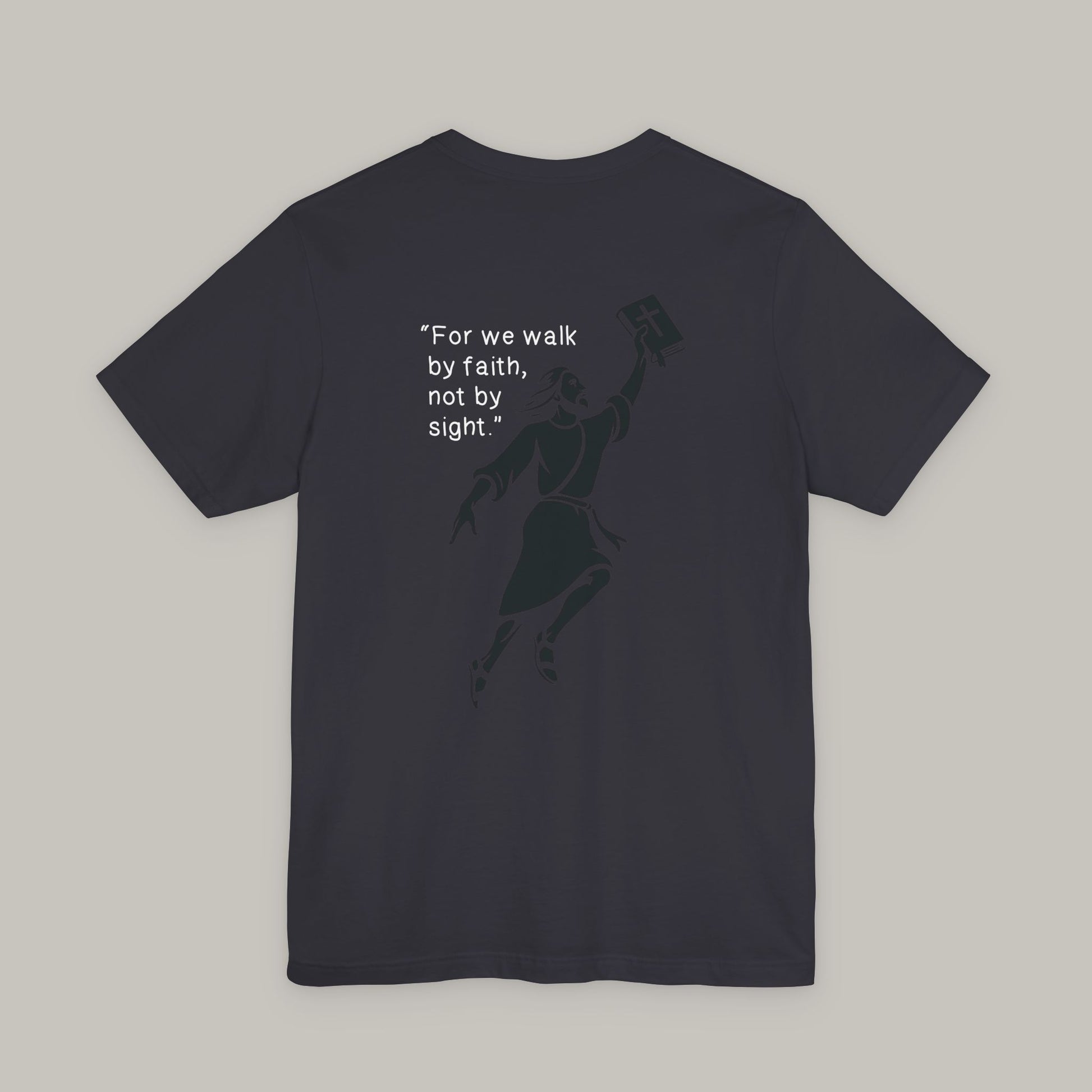 Black t-shirt with a silhouette and text on the back against a gray background